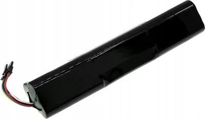 A black, rectangular battery pack with a small connector cable.