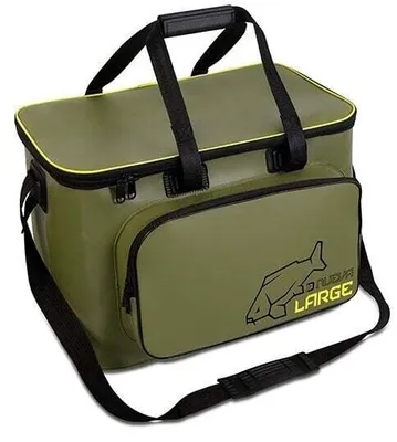 A studio shot of a green fishing bag.
