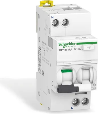 A close-up studio shot of a Schneider Electric circuit breaker.