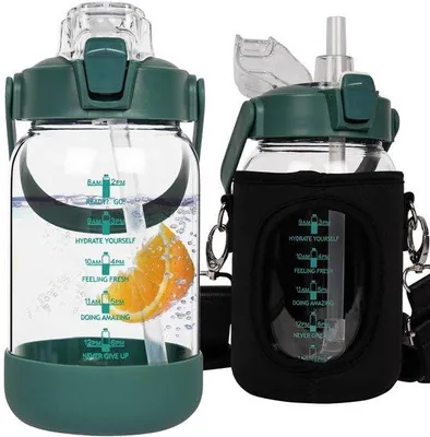 Productafbeelding van 1 L Glazen Waterfles met Rietje en Tijdmarkering