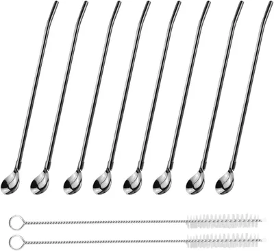 Produktbild von Edelstahlhalme mit Löffeln und 2 Bürsten – Set mit 10 Stück – Wiederverwendbare Metallhalme für Milchshakes, Smoothies, Kaffee und Cocktails