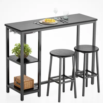 A black bar table with two stools and shelves, set against a white background.