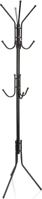 A black metal coat rack with multiple hooks on a white background.