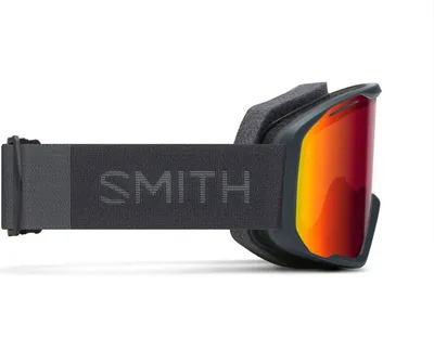 Side view of a pair of ski goggles on a white background.