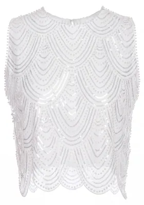 Produktbild von Damen Top Weiß XS mit Spitze, figurbetont, ärmellos, schimmerndem Muster und Pailletten-Perlen-Verzierung