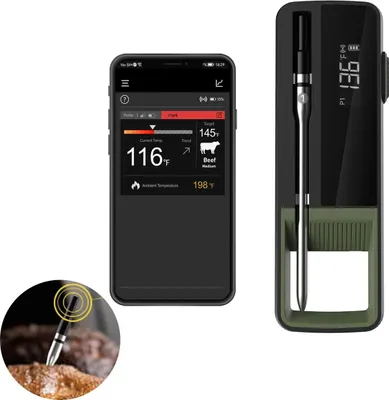 Produktbild von Intelligentes kabelloses Fleischthermometer Bluetooth 5.2, FSTN Display, 304 Edelstahl Sonde, aufladbar, für Grill, Ofen, Smoker, Lebensmittelthermometer