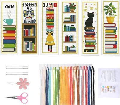 Immagine prodotto di Kit porta fogli per punto croce - Porta fogli per bordatura - Libri - Artigianato per il relax - Motivi prestampati - 6 pezzi - Multicolore