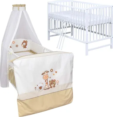 Produktbild von Baby-Delux Babybett Kinderbett Gitterbett Milo Weiß 120x60 Komplett Bettset 10-tlg mit Stickerei Safari