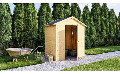Image de Abri de jardin type chalet en bois de pin massif, 1,86 m², panneaux muraux de 12 mm d'épaisseur, toiture bitumée, porte avec loquet, sans sol, dimensions approximatives : 181 x 103 x 200 cm