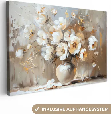 Produktbild von MuchoWow® - Leinwandbilder - Vase - Blumen - Kunst - Gold, Wandbild, Wanddeko Bilder Wohnzimmer, 90x60 cm