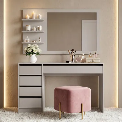 Produktbild von BEAUTYSOFA | Schminktisch MALTA Beige 120 cm mit Spiegel und 5 Schubladen – rechts oder links montierbar, Moderner Frisiertisch, ohne Griffe