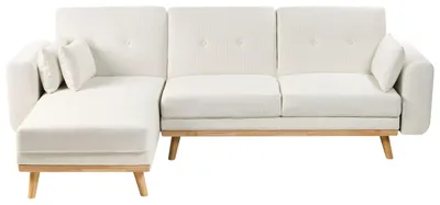 Produktbild von BELIANI Ecksofa Weiß Stoff L-förmig 3-Sitzer Sofa Rechtsseitig mit Schlaffunktion Kissen Hohen Holzbeinen Wohnzimmermöbel Modern Wohnecke Sitzecke