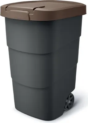 A dark gray trash bin with a brown lid and wheels, shown against a white background.