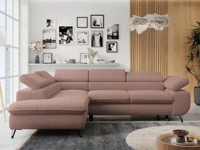 Produktbild von Ecksofa Sofa Rosa, Wohnlandschaft L-Form mit Schlaffunktion und Bettkasten, Schlafsofa mit Bettkasten, Sofa mit Einstellbare Kopfstützen, Peter L - Rosa Boucle - Links Rosa