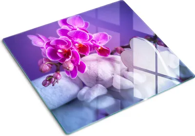 Obrázok produktu pre Sklenená ochranná doska – Kryt varnej dosky – Kryt na indukčnú dosku – 60x52 cm  – Rýchle čistenie – Tvrdené sklo – Orchidea a srdce