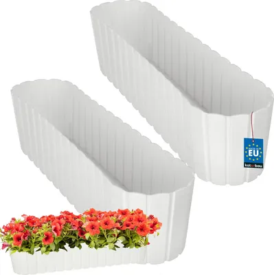 Two white rectangular planters are shown against a white background. One planter is in the foreground with red flowers planted in it, and the other is in the background.