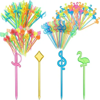 Imagen del producto de Brochetas de colores para cócteles: Reutilizables. Brochetas de frutas para niños. Brochetas de plástico para aperitivos. 4 formas: flamenco, espada