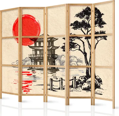 Produktbild von Paravent XXL Japan Orient Zen 225x171 cm - 5-teilig - einseitig - eleganter Sichtschutz - Raumteiler - Trennwand - Raumtrenner - Holz - Design Motiv - Deko p-B-0026-z-c