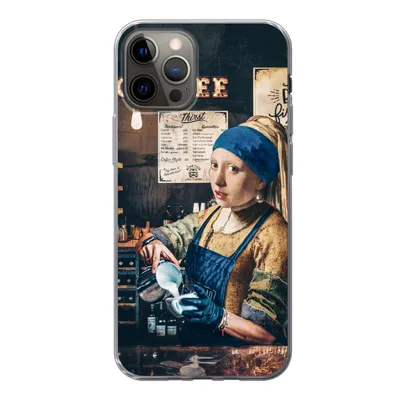 Produktbild von MuchoWow® Handyhülle Schutzhülle Hülle für iPhone 13 Pro Mädchen mit Perlenohrring - Cappuccino - Barista - Vermeer - Kaffee - Gemälde Silikon Softcase Handy Hülle - Handy-Tasche