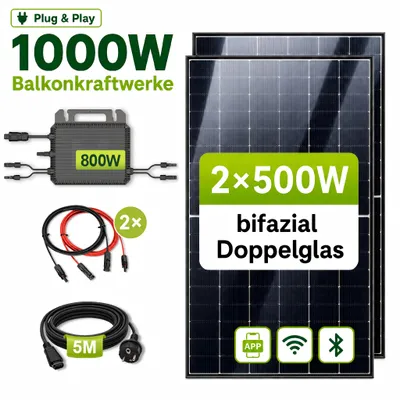 Produktbild von GreenSun Solar 1000W Balkonkraftwerk BIFAZIAL FULLBLACK komplett Steckdose MARSTEK 800W Wechselrichter, PV Solaranlage, 5m Kabel, Bluetooth WIFI