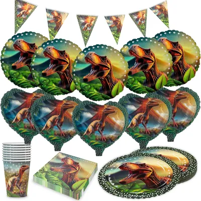 Produktbild von Dino Realistisch – 5-teiliges Set mit Tellern, Bechern, Servietten & 10 Ballons