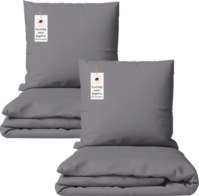Produktbild von Bettwäsche 155x220 cm Grau 4-teilig einfarbig Bettbezug mit Kissenbezug 80x80 cm – bügelfrei & hautfreundlich