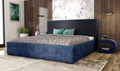 Produktbild von AGMAT Polsterbett WOOD mit Kopfteil, 200 x 200 cm, Doppelbett mit Bettkasten und Lattenrost aus Metall, Velourstoff: Blau