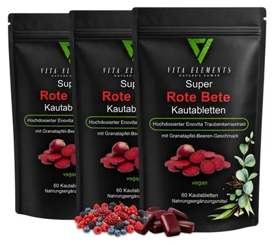 Image de Vita Elements Comprimés à croquer Betterave Lot de 3 60 pièces OPC Nitrate Endurance Complément Alimentaire, Image générée par une IA