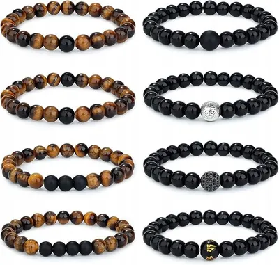 Zdjęcie produktu dla Męskie Bransoletki 8 mm: Lawa | Tygrysie Oko | Czakra| Elastyczne | 8 szt.