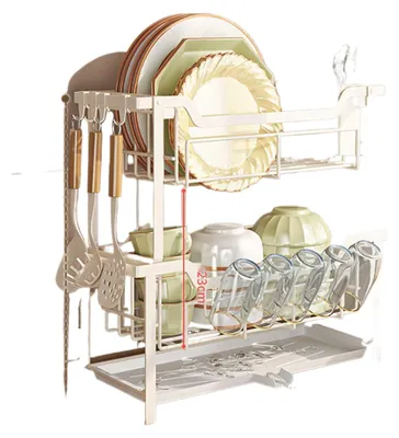 Produktbild von 2-stufiges Geschirr-Abtropfregal – Küchen Organizer Set mit Becherhalter & Besteckhalter，White