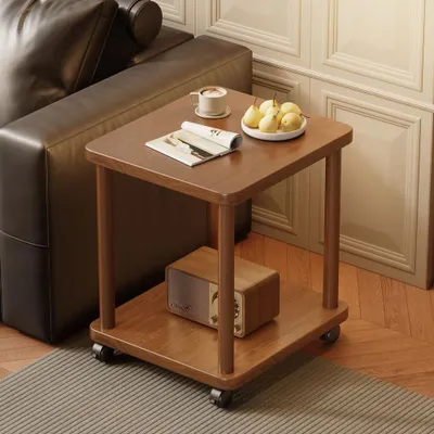 Imagen del producto de Mesa auxiliar de madera de dos niveles con espacio de almacenamiento y ruedas