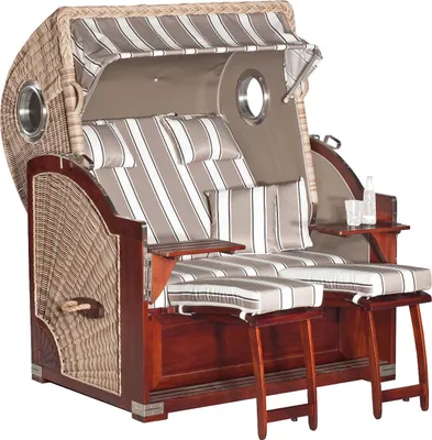 Produktbild von Rustikal Strandkorb 500 Plus Comfort 3/4-Liegemodell 2-Sitzer XL Ostseeform mit seitlichen Bullaugen, Rundgeflecht antik-weiß, Strukturpolyester beige-weiß-gestreift, Mahagoniholz naturfarben lasiert, ca. 140x95x160