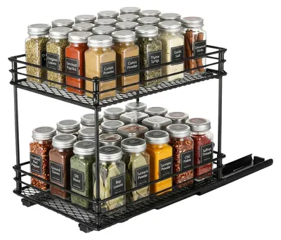 Image de VINATO Étagère coulissante pour épices, meuble de rangement avec 2 niveaux, compatible avec les rails coulissants, étagère coulissante pour épices, installation sans perçage, meuble de cuisine (26,1 x 20,3 x 21,3 cm)