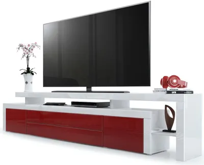 Produktbild von Vladon TV Board Lowboard Leon V3,  Germany, Korpus und Überbau in Weiß Hochglanz / Front in Bordeaux Hochglanz mit Rahmen in Weiß Hochglanz (227 x 52 x 35 cm)