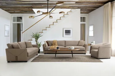 Produktbild von Sofagarnitur 441 Sitzer Sessel Viersitzer Modern Stoff Beige Set 3tlg