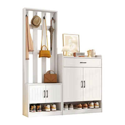 Produktbild von Garderoben-Set 140.6 x 32 x 180 cm, Flurgarderobe Paneel+Schuhschränke, Matt, Flurmöbel, Flurtrockenständer, Flurgarderobe, Schuhwechsler-Set