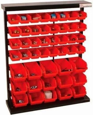 A storage rack filled with red bins containing small parts.