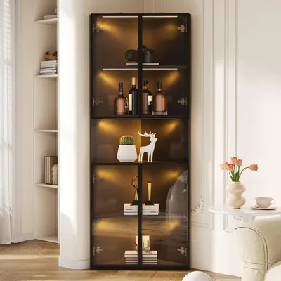 Produktbild von Merax LED-Glasvitrine, Eichenoptik, Integrierte LED-Beleuchtung, Vitrinenschrank, Eckvitrine, Bücherregal, Weinschrank, Badezimmerschrank, Schwarz
