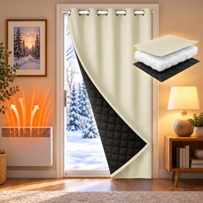 Produktbild von 110x203cm Türvorhang Thermo Kälteschutz 405GSM Ösen Thermovorhang Verdunkelung Wasserdicht Blickdicht Einfarbige Kordelzug Tür Vorhang Beige
