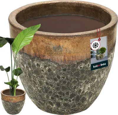 A large, decorative ceramic pot with a plant in front of it, and a smaller version of the pot in the bottom left corner. A product tag is attached to the large pot.