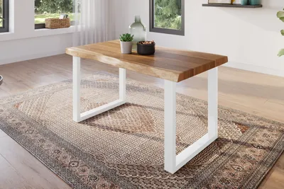 Produktbild von Esstisch 120 x 80 cm Akazie massiv natur Baumkantentisch U-Gestell weiß ATLAS