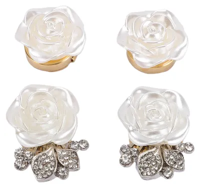 Image de Lot de 4 boutons-fleurs en forme de rose blanche, élégants et raffinés, avec une fleur en strass amovible, pour le bricolage ou la couture de vêtements