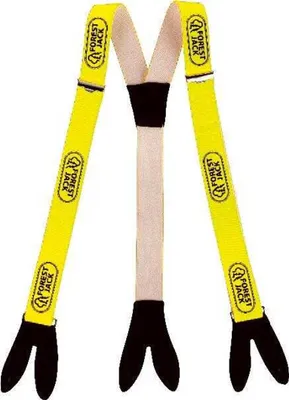 A pair of yellow suspenders with black clips and a black connector piece.