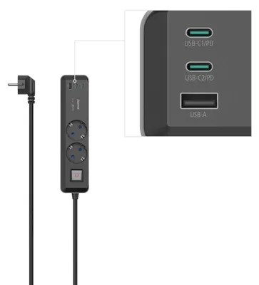 Produktbild von Hama 00223188, 1,4 m, Drinnen, Abgewinkelt, Schwarz, 2 AC-Ausgänge, 65 W