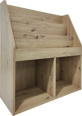 A wooden bookshelf with multiple compartments.