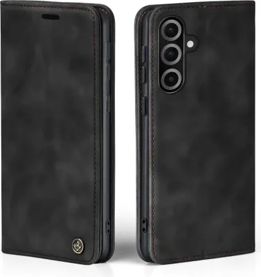 A black flip case for a smartphone is shown from two angles.
