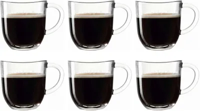 Six clear glass coffee mugs filled with dark coffee are arranged in two rows of three on a white background.