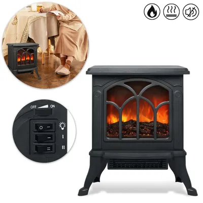 A collage of an electric fireplace, its controls, and a lifestyle shot of someone using it.