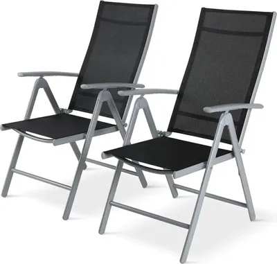 Zdjęcie produktu dla Krzesła ogrodowe - Składane krzesła aluminiowe - Zestaw 2 sztuk - Regulowane wysokie oparcie - Lekkie - Podłokietniki - Do 120 kg - 65×52×107 cm - Czarny