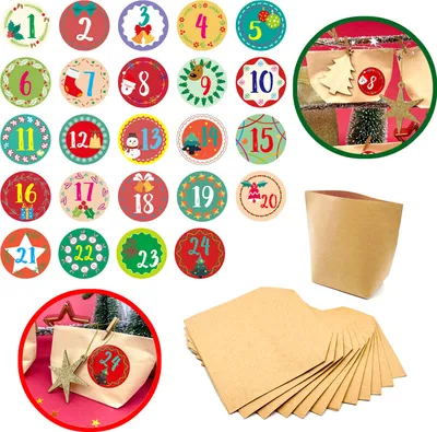 A collage of Christmas-themed advent calendar stickers and paper bags.